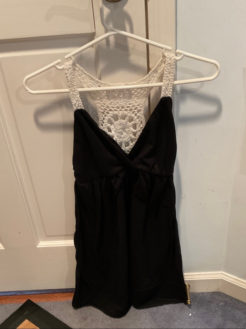 Women’s Black swim cover up dress with White Crochet details, small